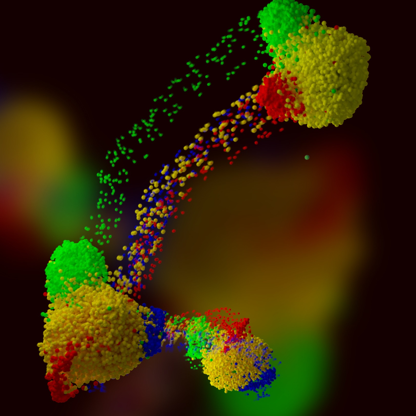 Three-dimensional UMAP embedding of cells colored by population